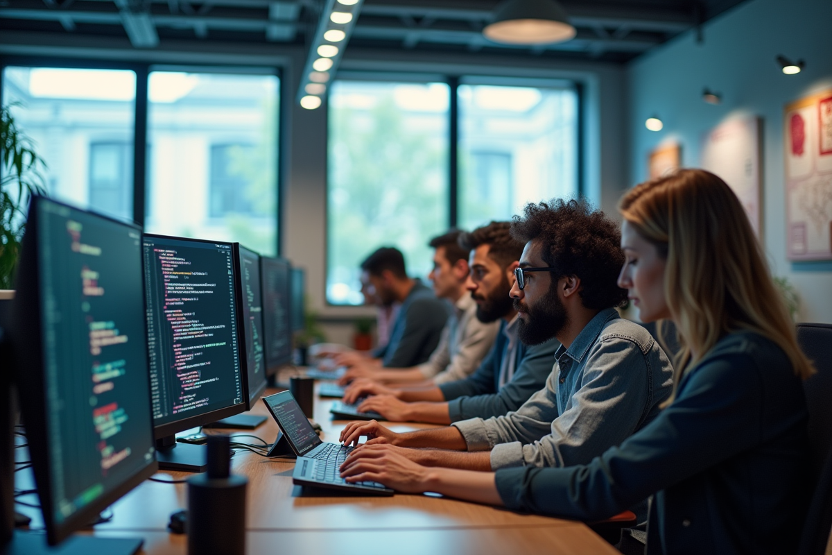 Équipe de programmeurs collaborant dans un bureau lumineux