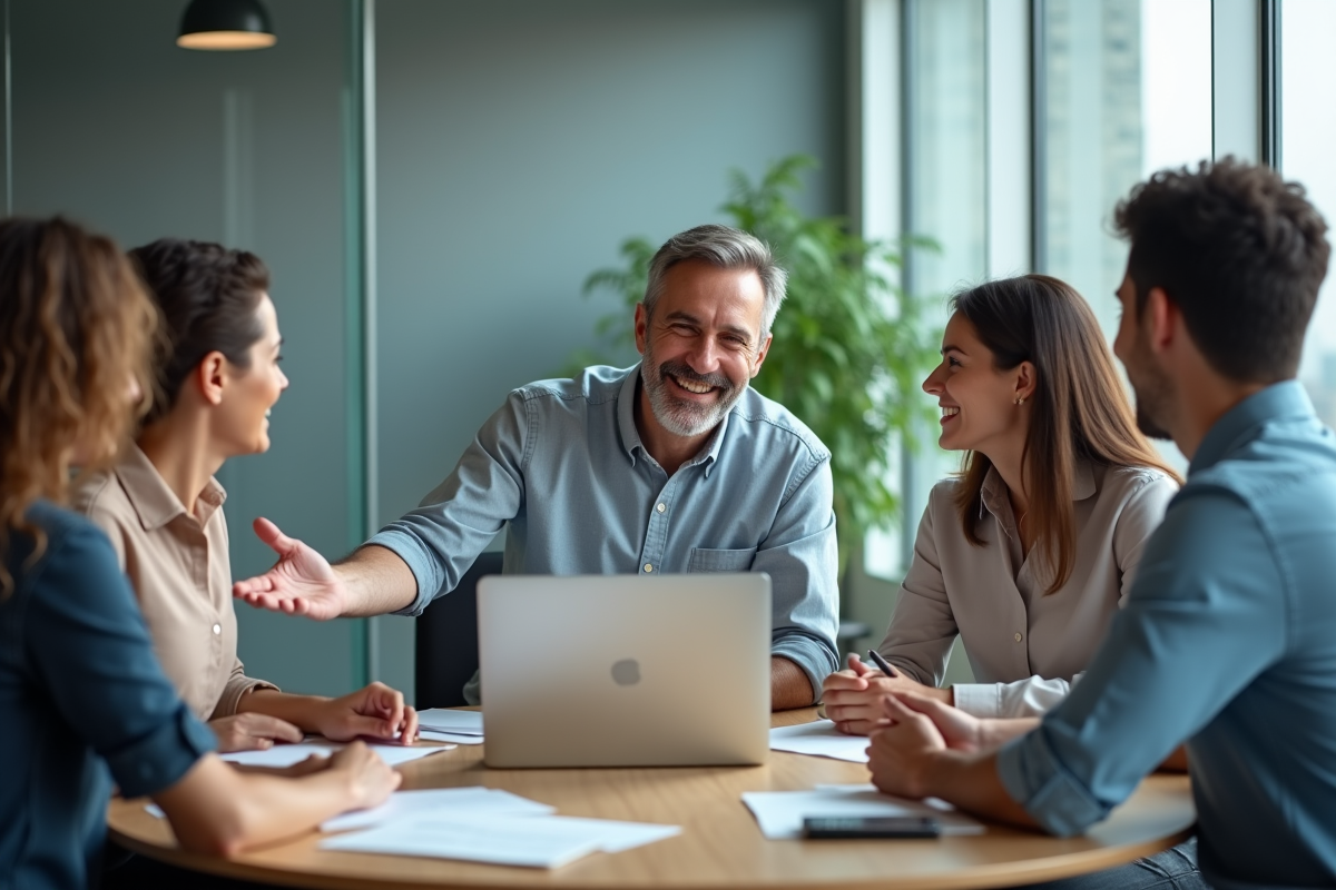 Equipe diversifiee en réunion autour d une table de travail