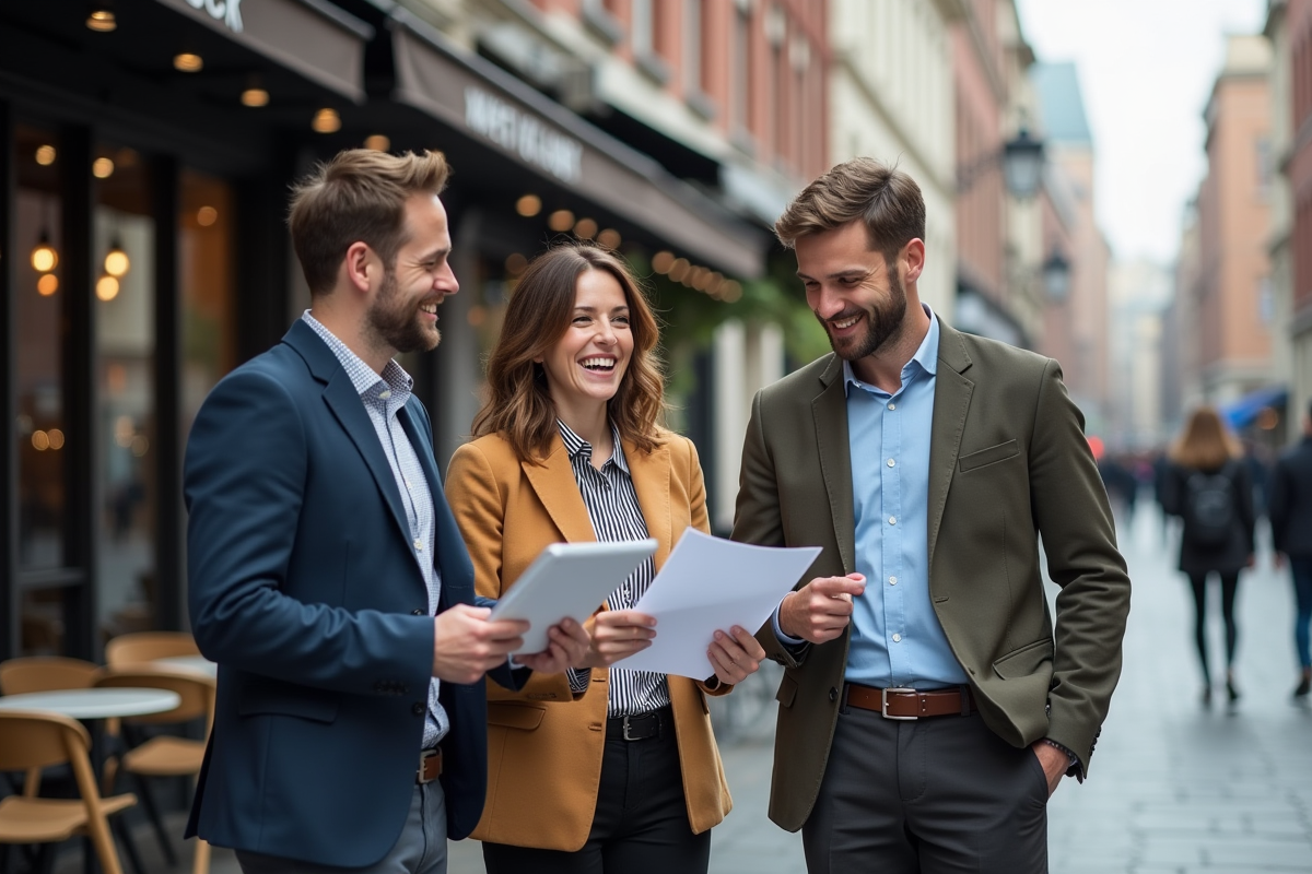 Groupe de trois entrepreneurs discutant en extérieur devant un café urbain