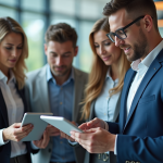 Groupe de professionnels en réunion avec tablettes et ordinateurs