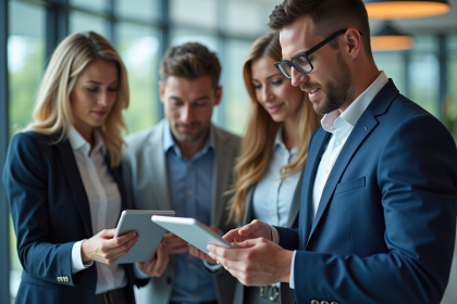 Groupe de professionnels en réunion avec tablettes et ordinateurs
