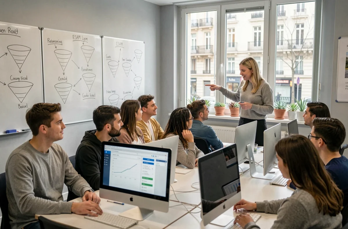Atelier de marketing digital à l'ESAM Lyon avec une instructrice guidant des étudiants sur des ordinateurs iMac