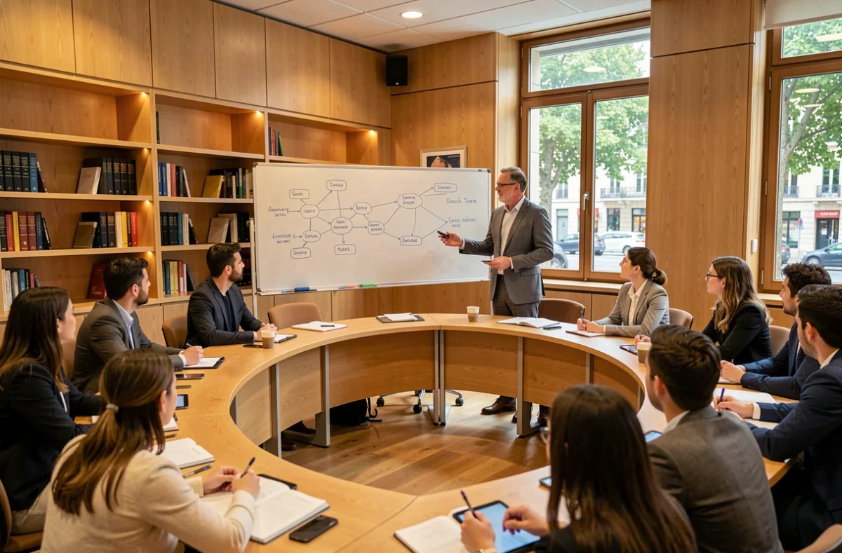 Professeur donnant un cours de management stratégique dans une salle moderne de l'ESDES Business School Lyon