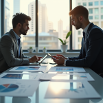 Espace de travail professionnel avec deux personnes discutant