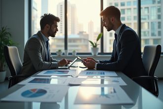 Espace de travail professionnel avec deux personnes discutant