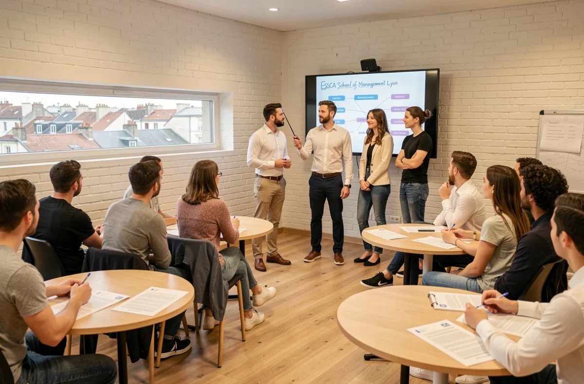 Présentation de projet étudiant à l'ESSCA School of Management Lyon dans une salle moderne aux murs en briques blanches