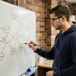Étudiant universitaire dessinant un arbre de probabilité au tableau blanc pour illustrer le calcul de probabilités conditionnelles P(A inter B)