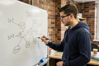 Étudiant universitaire dessinant un arbre de probabilité au tableau blanc pour illustrer le calcul de probabilités conditionnelles P(A inter B)