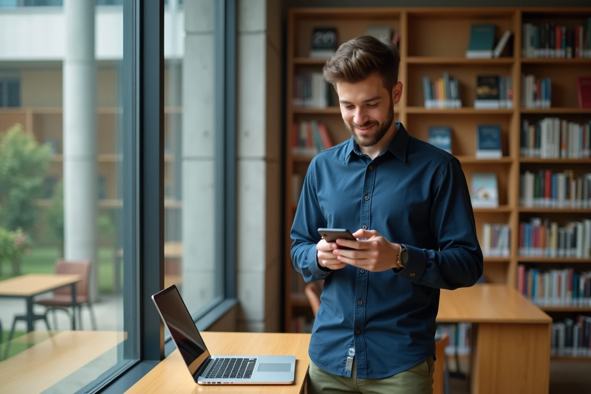 Étudiant utilisant son smartphone comme campus virtuel dans la bibliothèque universitaire de Sciences Po Bordeaux