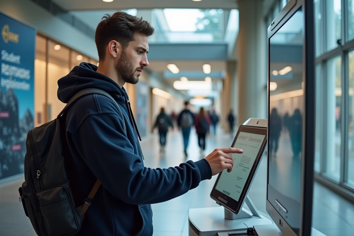 Étudiant en formation professionnelle utilisant une borne d'inscription universitaire pour régler la CVEC