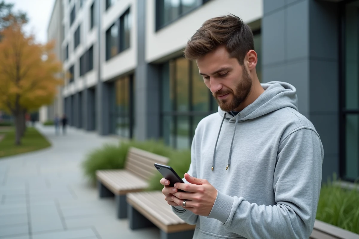 Étudiant masculin accédant à l'ENT UDL en sécurité depuis son téléphone en extérieur sur le campus