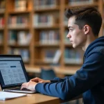 Étudiant de l'IUT de Bourges consultant l'ENT sur son ordinateur portable dans une bibliothèque universitaire moderne
