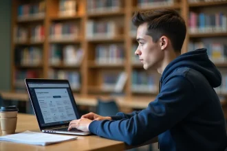 Étudiant de l'IUT de Bourges consultant l'ENT sur son ordinateur portable dans une bibliothèque universitaire moderne