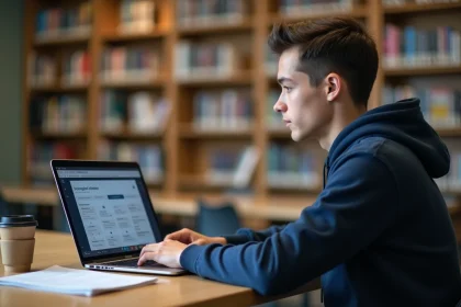 Étudiant de l'IUT de Bourges consultant l'ENT sur son ordinateur portable dans une bibliothèque universitaire moderne