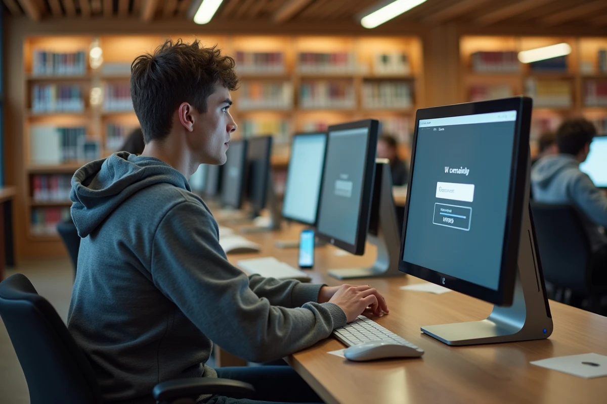 Étudiant accédant à la messagerie académique de Clermont-Ferrand depuis un poste informatique en bibliothèque universitaire