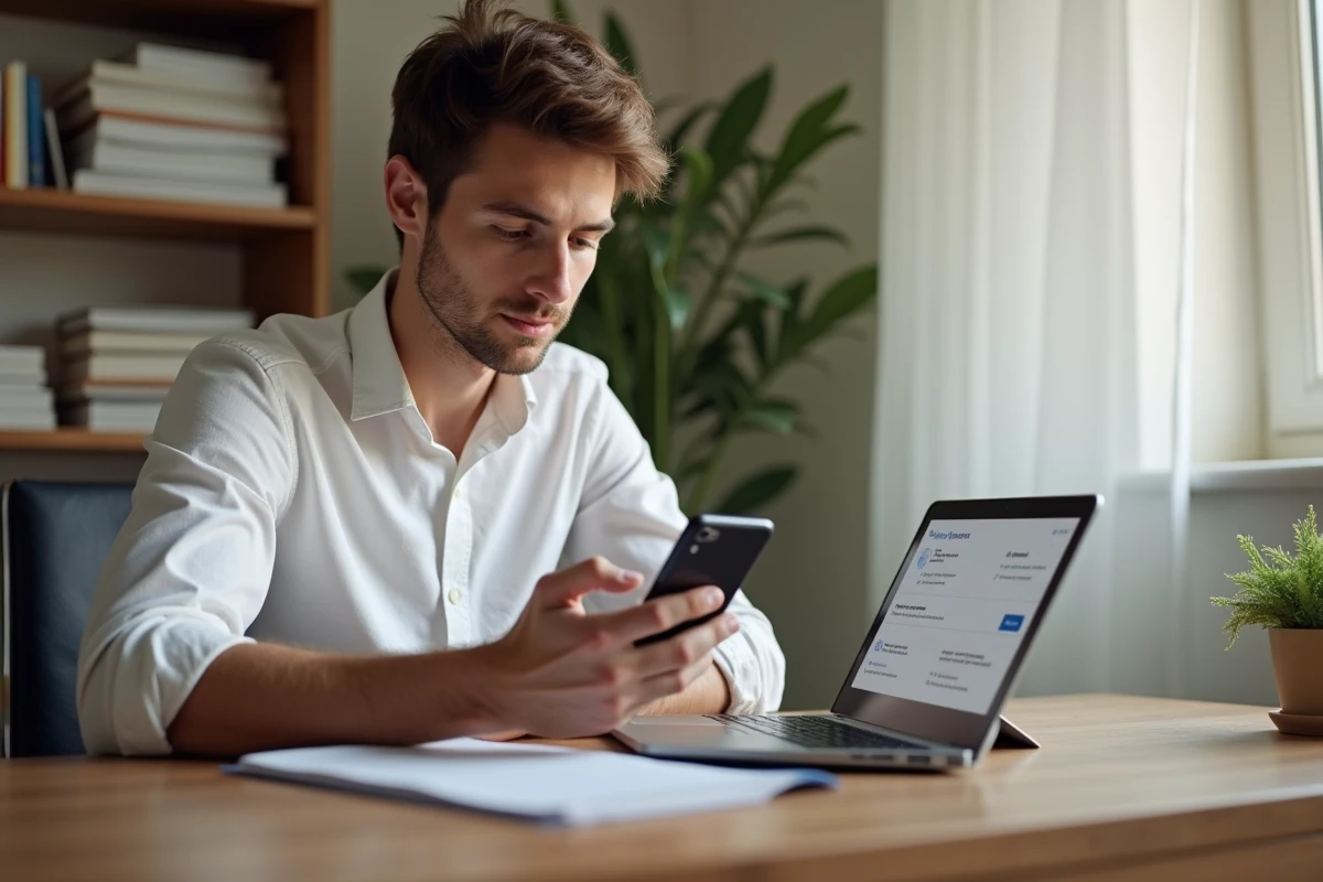 Étudiant recevant des notifications ENT CESI sur mobile et ordinateur à son bureau