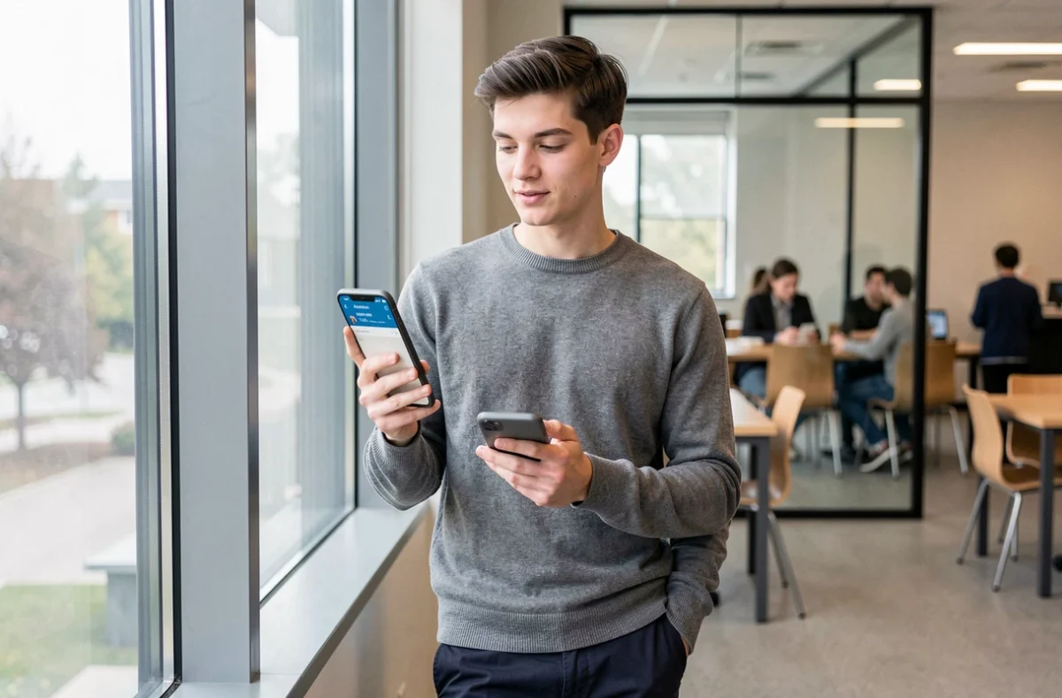 Étudiant masculin vérifiant ses absences et notes universitaires sur son smartphone via le portail UHA dans un espace commun du campus