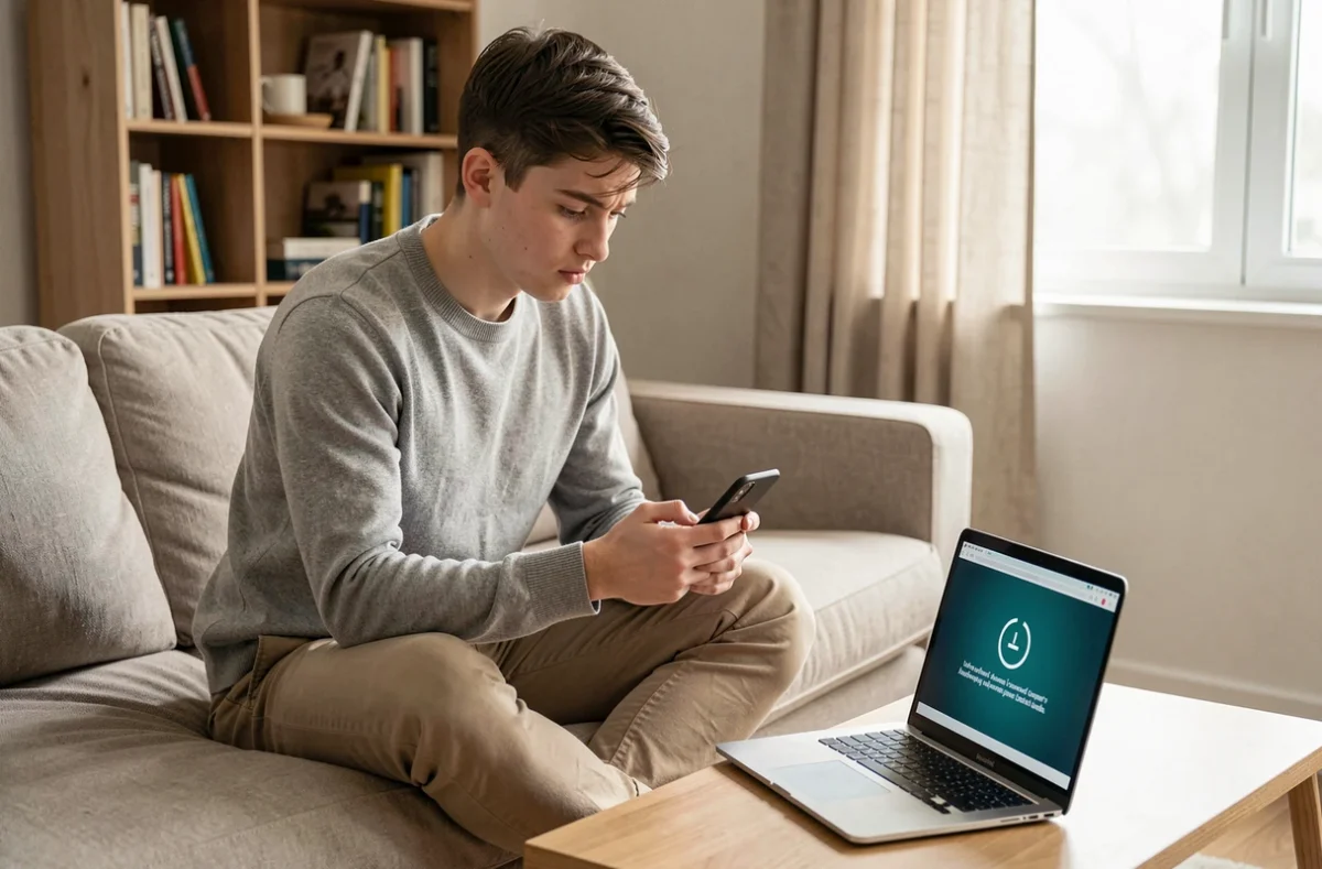 Jeune étudiant consultant son smartphone et son ordinateur portable en même temps face à une panne internet affectant l'accès à l'ENT