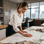 Étudiante en architecture d'intérieur en alternance consultant des plans sur une table de travail dans un studio de design professionnel