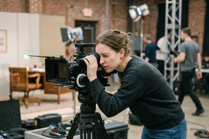 Étudiante en école de cinéma regardant dans le viseur d'une caméra professionnelle sur un plateau de tournage pédagogique