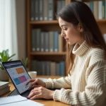 Jeune femme étudiant la comptabilité à distance sur une tablette dans un bureau à domicile organisé