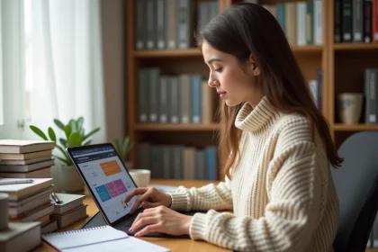 Jeune femme étudiant la comptabilité à distance sur une tablette dans un bureau à domicile organisé