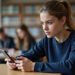 Étudiante connectée à l'ENT UDL sur son smartphone dans une bibliothèque universitaire