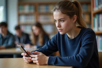 Étudiante connectée à l'ENT UDL sur son smartphone dans une bibliothèque universitaire