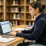 Étudiante consultant ses résultats académiques et ses absences sur le service en ligne UHA depuis une bibliothèque universitaire