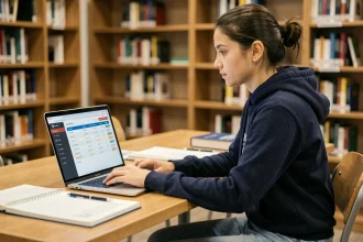 Étudiante consultant ses résultats académiques et ses absences sur le service en ligne UHA depuis une bibliothèque universitaire