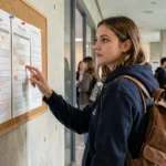 Étudiante consultant son emploi du temps affiché dans le couloir de l'université d'Angers à la rentrée 2026