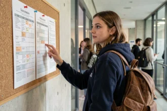 Étudiante consultant son emploi du temps affiché dans le couloir de l'université d'Angers à la rentrée 2026