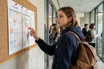 Étudiante consultant son emploi du temps affiché dans le couloir de l'université d'Angers à la rentrée 2026