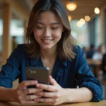 Étudiante consultant l'ENT CESI sur son smartphone dans un café universitaire