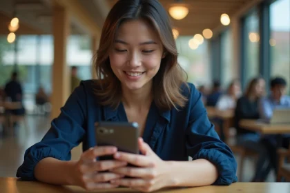 Étudiante consultant l'ENT CESI sur son smartphone dans un café universitaire