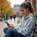 Étudiante consultant l'ENT OZE 92 sur smartphone Android en extérieur sur un campus universitaire