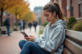 Étudiante consultant l'ENT OZE 92 sur smartphone Android en extérieur sur un campus universitaire