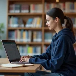 Étudiante de SIGMA Clermont utilisant le portail numérique ENT sur son ordinateur portable dans la bibliothèque universitaire