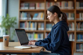Étudiante de SIGMA Clermont utilisant le portail numérique ENT sur son ordinateur portable dans la bibliothèque universitaire