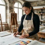 Étudiante en illustration à l'école Gobelins travaillant sur des croquis de personnages dans un atelier parisien avec murs en pierre apparente