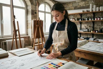 Étudiante en illustration à l'école Gobelins travaillant sur des croquis de personnages dans un atelier parisien avec murs en pierre apparente