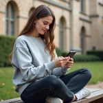 Étudiante de Sciences Po Bordeaux consultant l'application mobile de son campus sur smartphone en extérieur