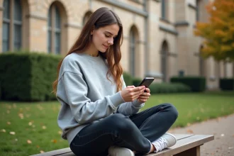 Étudiante de Sciences Po Bordeaux consultant l'application mobile de son campus sur smartphone en extérieur