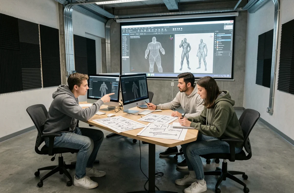 Groupe d'étudiants en animation 3D collaborant sur des stations de travail numériques dans un laboratoire moderne de l'école Gobelins