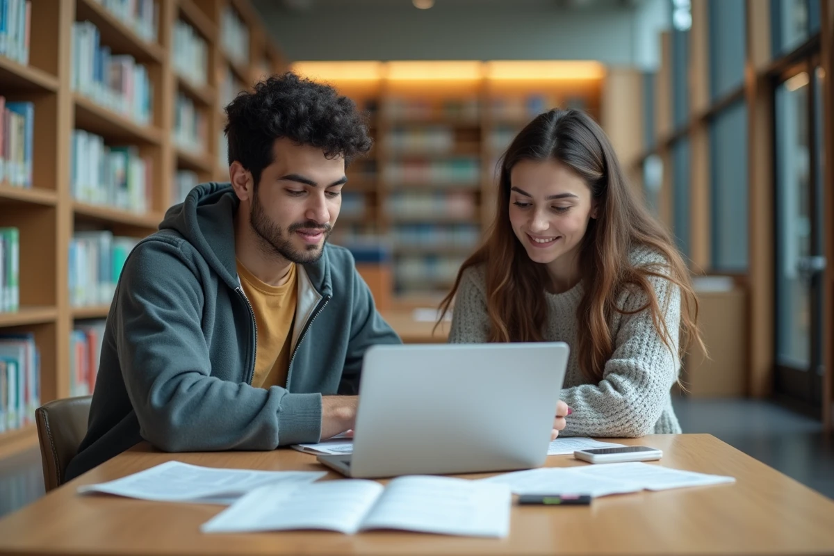 Deux étudiants apprenant l'arabe ensemble dans une bibliothèque avec un ordinateur portable et des supports imprimés de cours en ligne gratuits