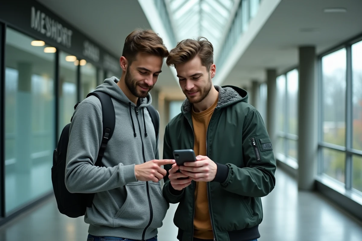 Deux étudiants ingénieurs consultant l'ENT SIGMA Clermont sur smartphone dans un couloir du campus