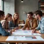 Étudiants français travaillant ensemble sur des projets de design dans un studio d'innovation moderne avec prototypes et esquisses