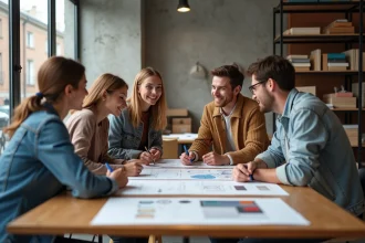 Étudiants français travaillant ensemble sur des projets de design dans un studio d'innovation moderne avec prototypes et esquisses