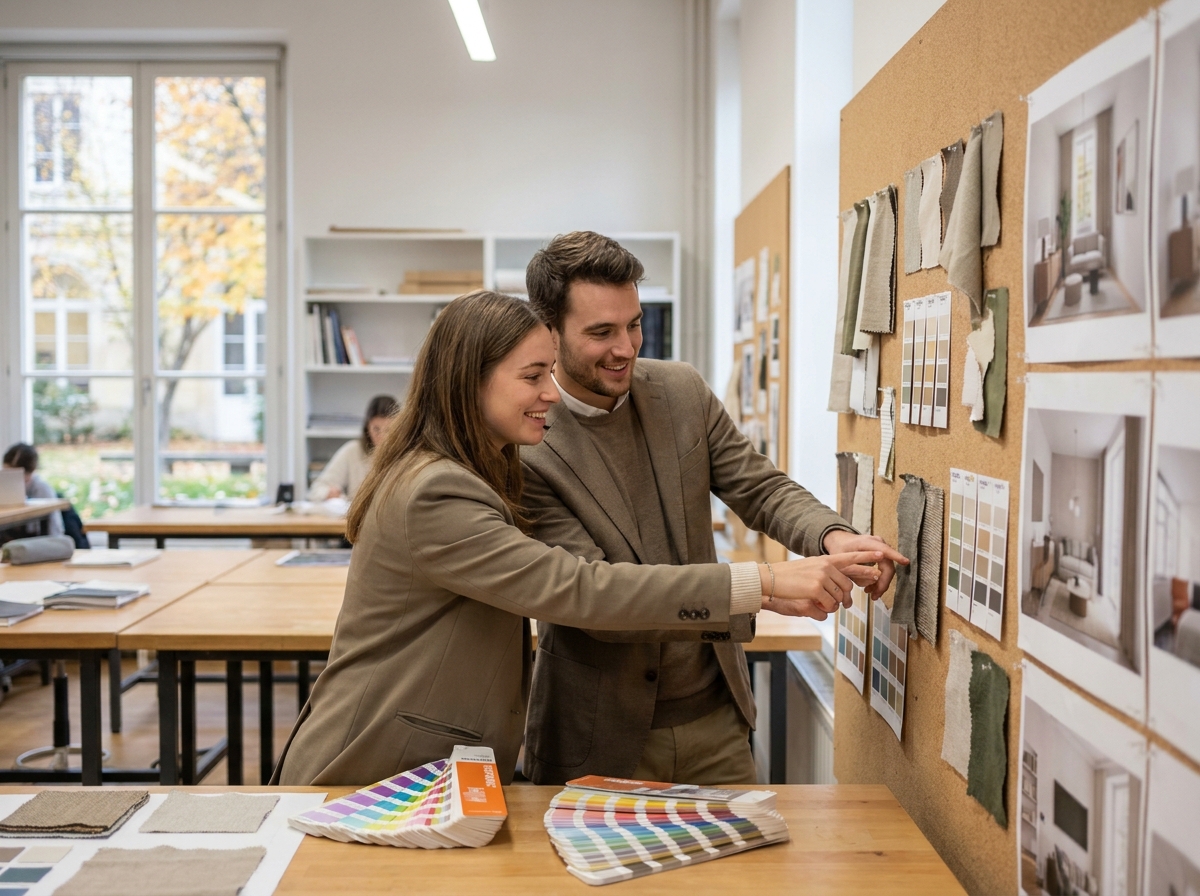 Étudiants en formation d'architecture d'intérieur collaborant sur un tableau d'inspiration dans une école de design
