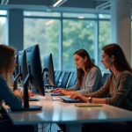 Étudiants en informatique collaborant devant des ordinateurs modernes